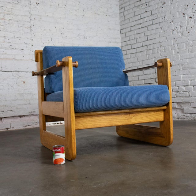 Mid to Late 20th Century Scandinavian Modern Oak Safari Sling Club Armchair Tan Leather Arms & Blue Corduroy For Sale - Image 18 of 18