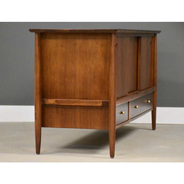 Mid-Century Modern 1950s Refinished Walnut 56” Sideboard Credenza by Mt. Airy Finished Back For Sale - Image 3 of 13
