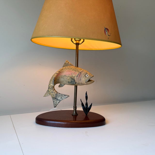Vintage carved rainbow trout table lamp with brass, rosewood, hand painted details, and original vintage custom lamp...