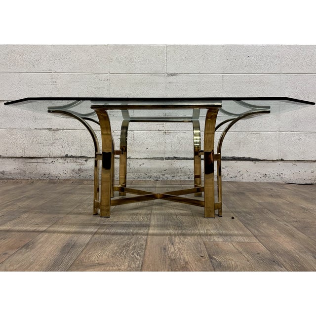 Brass Vintage Hollywood Regency Tulip Milo Baughman Style Brass and Glass Cocktail Table For Sale - Image 8 of 10