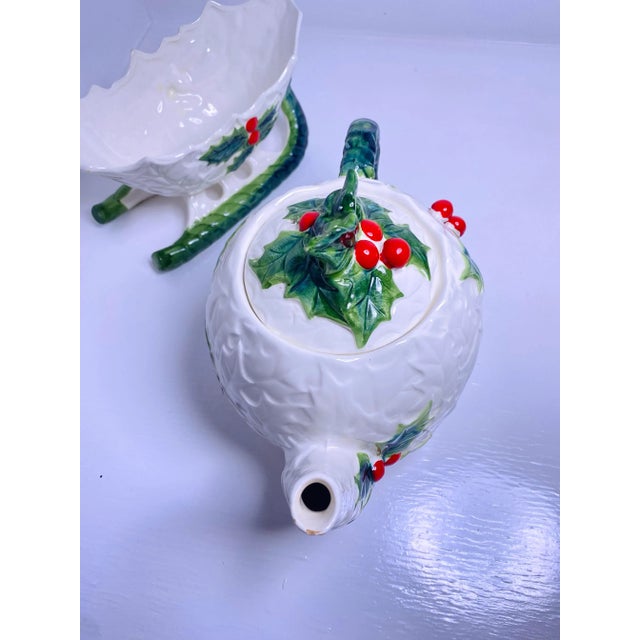 Vintage Lefton Holly Berry Christmas Teapot, Sleigh-Shaped Candy Bowl and Small Basket Bowl With a Handle, Set of 3 For Sale - Image 9 of 10