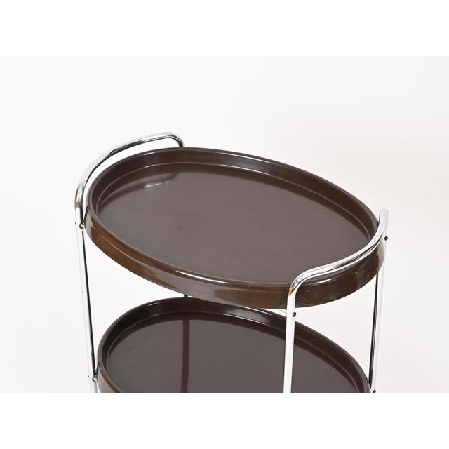 Mid-Century Italian Oval Bar Cart in Chrome and Brown ABS, 1970s For Sale - Image 6 of 14