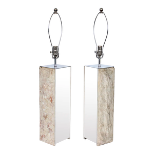 1960s Italian Natural Cut Marble & Mirrored Metal Table Lamps - A Pair