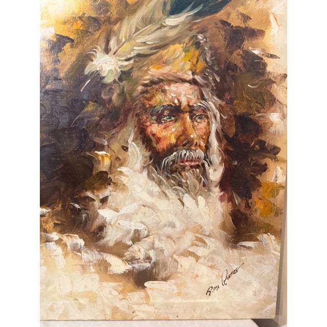 This large vintage original Native American Indian portrait by Roy Pierce is a unique and expressive oil painting on...