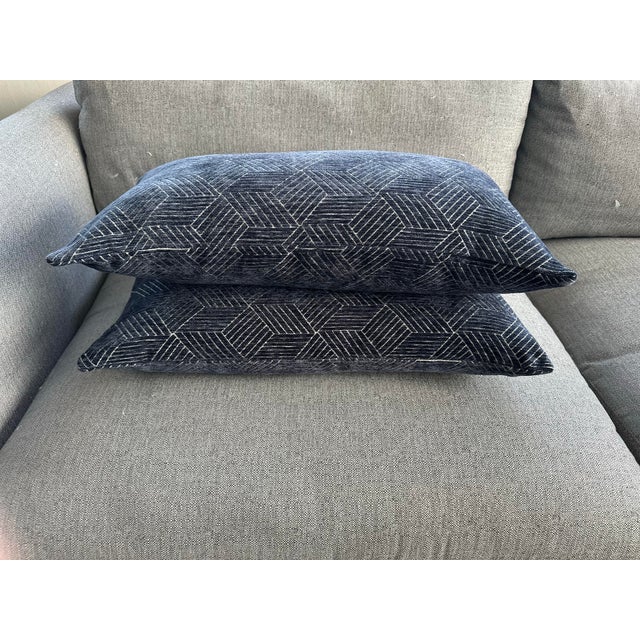 Navy Geometric Print Decorative Pillows - Pair For Sale - Image 4 of 5