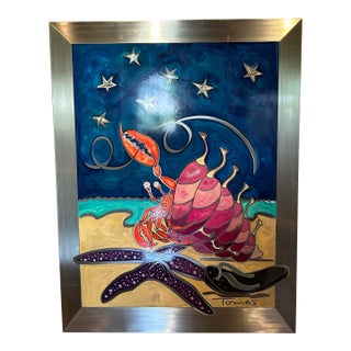 “Original Signed Tomas Panzarino Coastal Mixed Media Crab and Starfish Painting “ For Sale