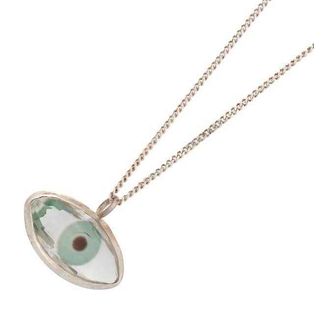 Metal Green Evil Eye Pendant Positive Energy Sterling Silver Chain Necklace For Sale - Image 7 of 8