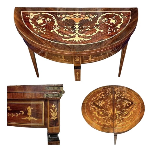 Antique Italian Neoclassical Marquetry Inlaid Round Folding Game Table For Sale