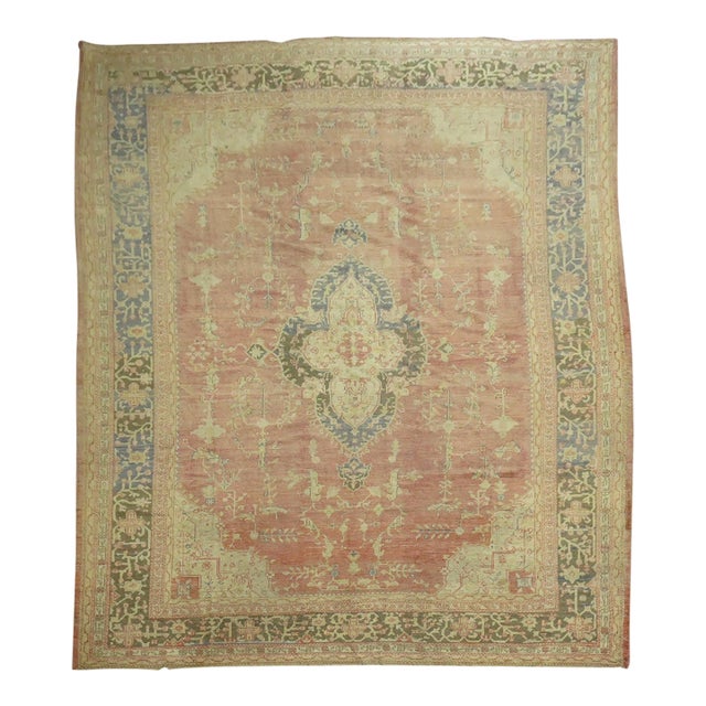 Soft Rose Pink Antique Oushak Rug - 11'5" x 15'7" For Sale