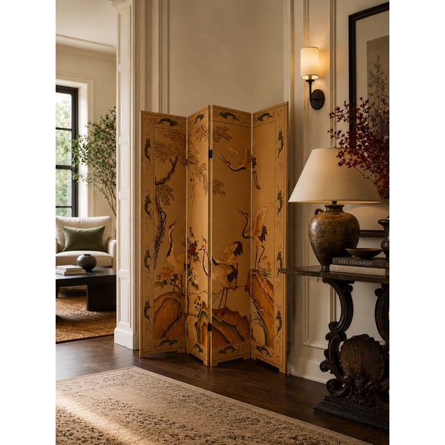 Wood Vintage Asian Chinoiserie 4-Panel Gold Leaf Room Divider Screen With Cranes For Sale - Image 7 of 13