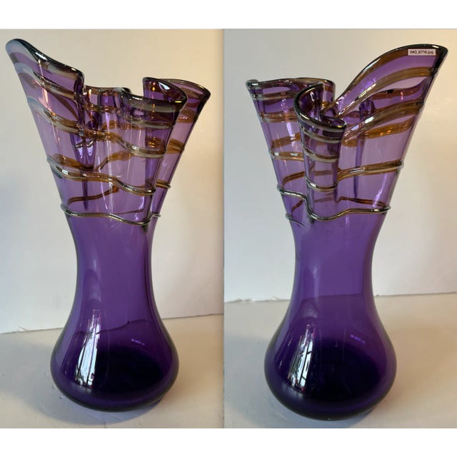 Signed Rich Pitkethly Art Glass Amethyst Handkerchief Vase With Swirled Lines For Sale - Image 9 of 12