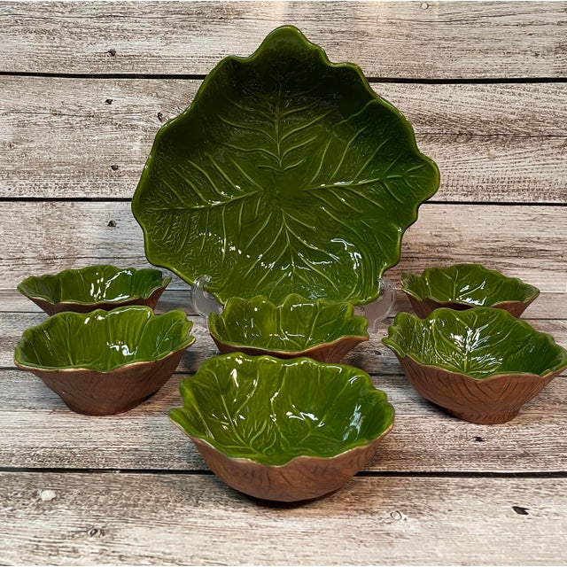 Vintage RARE MCM California Pottery Sequoia Ware 7 piece salad service set features embossed glossy green majolica...
