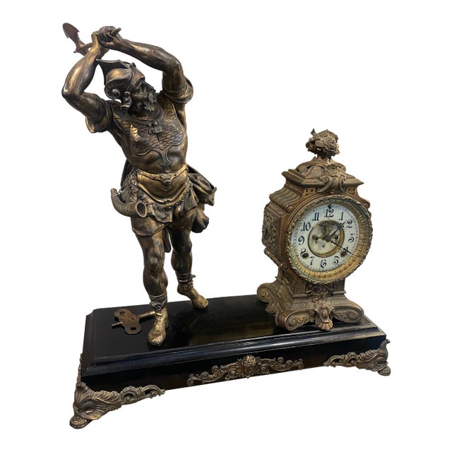 Early 19th Century Figural Bronze and Gilt Statue by Pierre Louise Deltrier Clock by Ansonia New Haven For Sale
