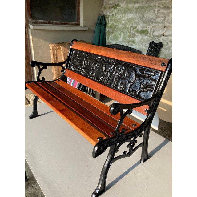 Childrens Safari Animals Themed Hand Painted Cast Iron & Mahogany Garden Bench For Sale - Image 6 of 11