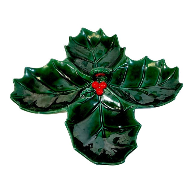 Mid 20th Century Americana Folk Art Ceramic Divided Christmas Holly Dish For Sale