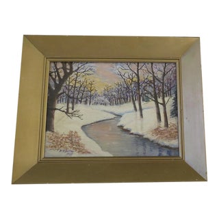 1950s Winter Scene River Bed Oil Painting, Framed For Sale
