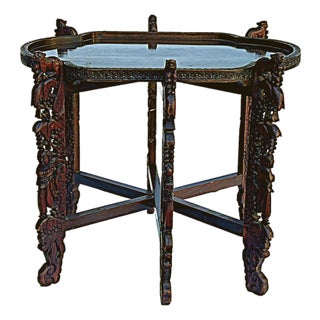 Vintage Oval Curve Shape Folding Cross Brace Stand Side Table For Sale