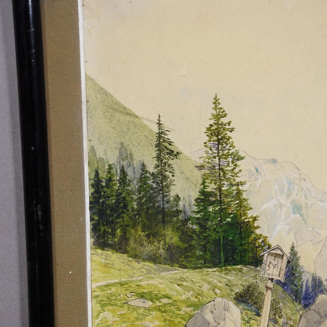 Mid 20th Century Alpine Landscape Watercolor Painting With Tyrolean Mountain Hut For Sale - Image 5 of 7