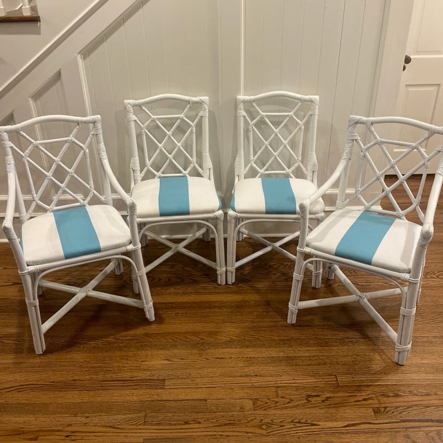 Mid 20th Century Vintage Palm Beach Regency Style Striped Rattan Chairs - Set of 4 For Sale - Image 12 of 13
