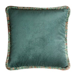 Happy Teal Velvet Cushion with Multi-Colored Fringe by Lorenza Briola for LO DECOR For Sale