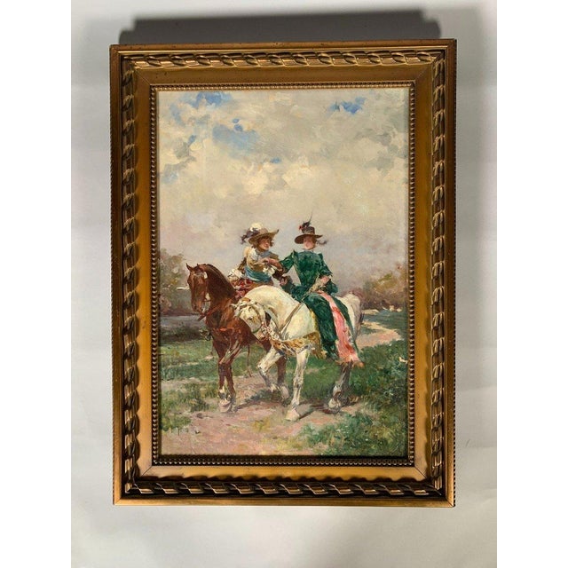Oil painting on canvas by Ludovico Marchetti (1853-1909), depicting a gallant couple on horseback in 17th-century attire....