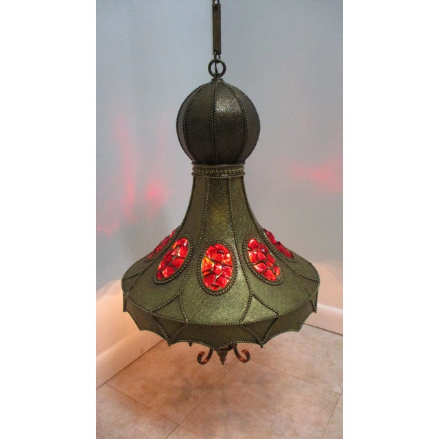 Brass Vintage Spanish Regency Brass Jeweled Hanging Lamp Chandelier For Sale - Image 8 of 11