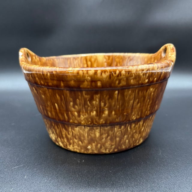 A Antique Rockingham Glazed Yellowware Pottery Barrel Form Crock, Circa 1860’s For Sale - Image 9 of 12