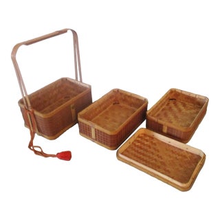 Vintage 1946 Occupied Japan Stacking Bamboo Lunch Picnic Basket For Sale