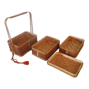 Vintage 1946 Occupied Japan Stacking Bamboo Lunch Picnic Basket