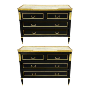 Louis XVI Style, Hollywood Regency, Commodes, Black Painted Wood, Bronze, Marble