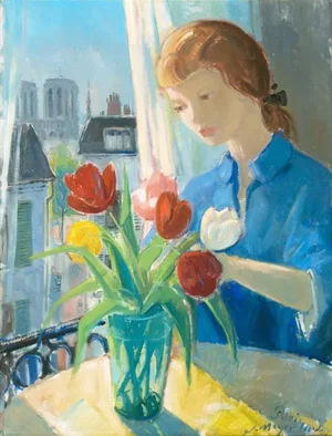 'Young Woman Arranging Tulips With a View of Notre Dame and Paris' by Johannes Meyer Andersen, Royal Danish Art Academy