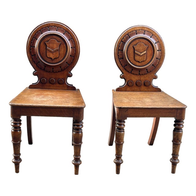 Pair of Early 19th Century English Regency Oak Hall Chairs With Carved Backs For Sale