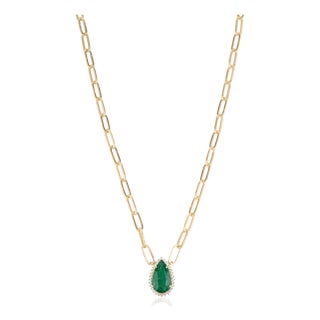 Luxury 3.82ct Pear Cut Emerald & Natural Diamond Paperclip Chain Necklace in 14k Gold For Sale