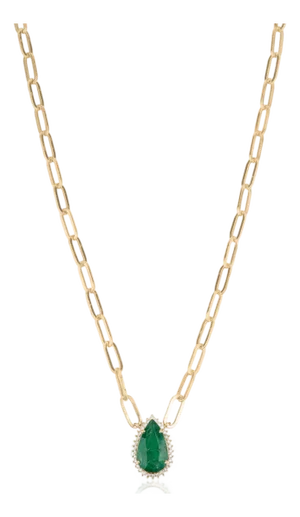 Luxury 3.82ct Pear Cut Emerald & Natural Diamond Paperclip Chain Necklace in 14k Gold
