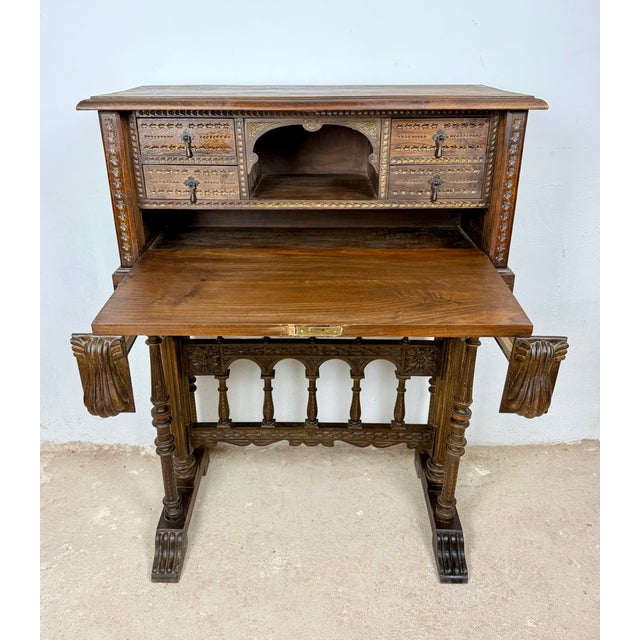 Wood Spanish Carved Wood Bargueño with Figural Decoration, 1940 For Sale - Image 7 of 14