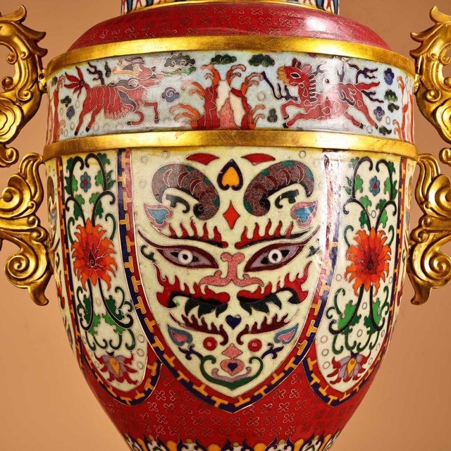 1970s Monumental Pair of Chinese Cloisonné Enamel Vases With Gilt Dragon Handles For Sale - Image 4 of 9