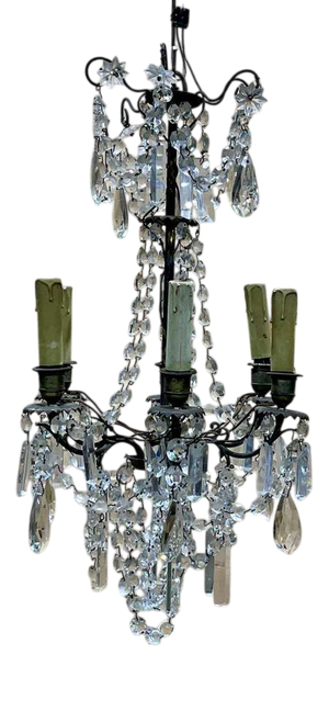 Antique Five-Light Bronze and Crystal Chandelier, 1900s