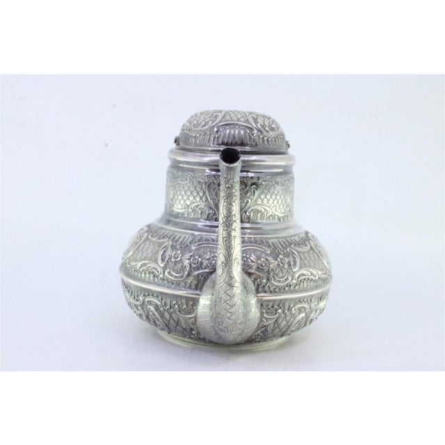 Metal Silver Round Kettle with Reliefs on Monogram Cards with Hinged Lid and Coated Handle For Sale - Image 7 of 8