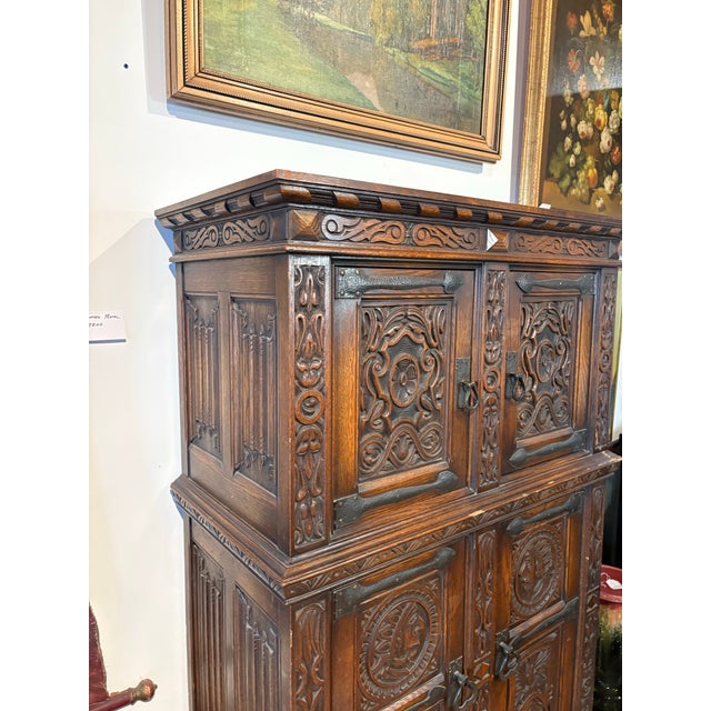 Early 20th Century Hand-Carved Gothic Revival Two-Tiered Cabinet With Iron Hardware For Sale In Chicago - Image 6 of 16