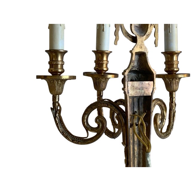 French Unusual Pair of Antique Louis XVI Style Gilt Bronze 3-Light Sconces France 1920s-1930s For Sale - Image 3 of 7