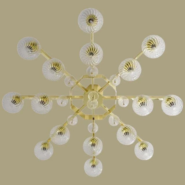 Italian modern flushmount with clear Murano glass globes with twisted texture on gold finish metal frame / Made in Italy...