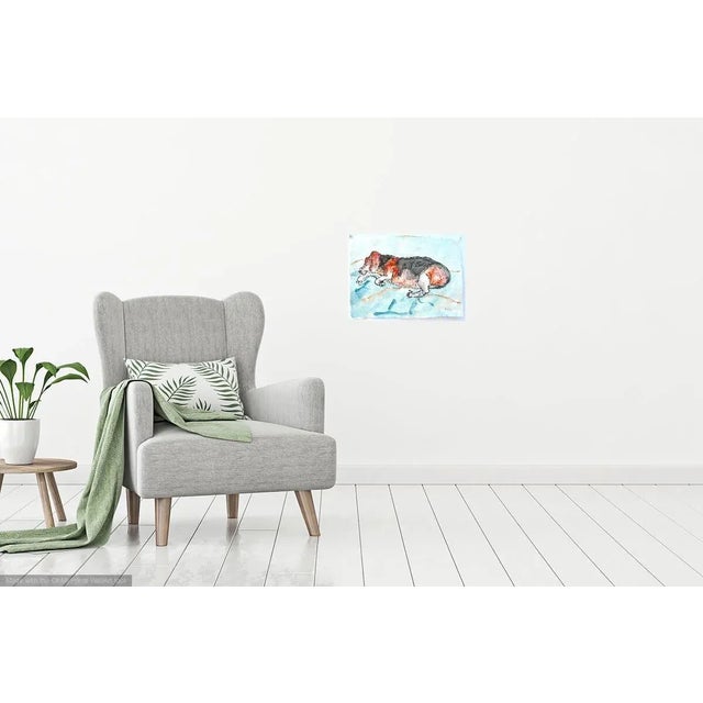 Paper "Sleeping Beagle on Blue" Contemporary Abstract Dog Watercolor, Ink and Pastel Drawing on Paper by Martha Holden For Sale - Image 7 of 7