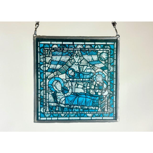 Blue French Hand-Painted Stained Glass Hanging Window Panel, 1950s For Sale - Image 8 of 8
