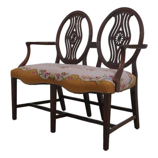 Vintage Mahogany Double Chair Back Settee W. Needlepoint Upholstery For Sale