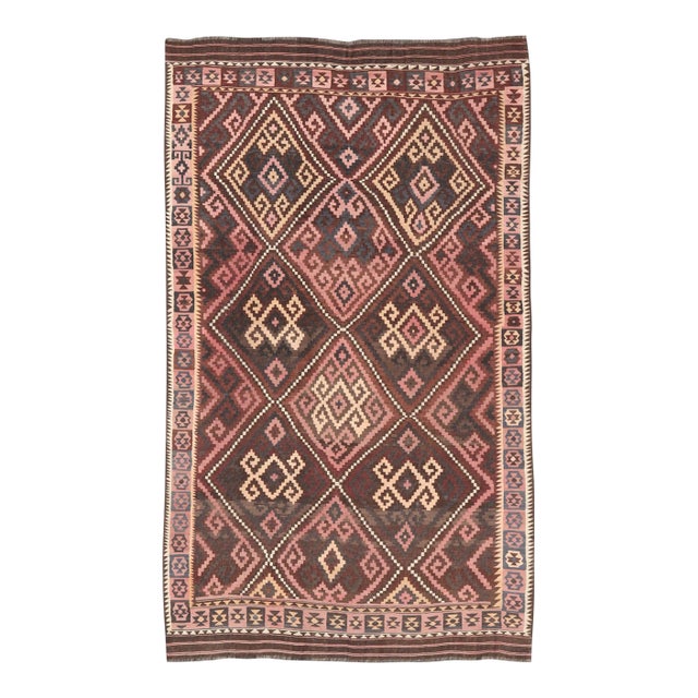 All-Over Design Hand Woven Kilim Geometric Diamond Design in Brown, Pink, and Tan For Sale
