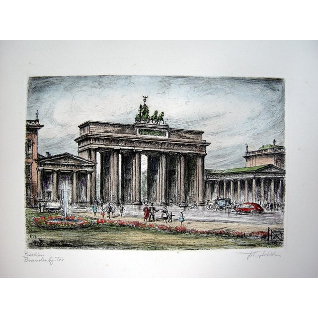 1952 Brandenburg Gate Berlin Germany Colored Etching For Sale - Image 4 of 5