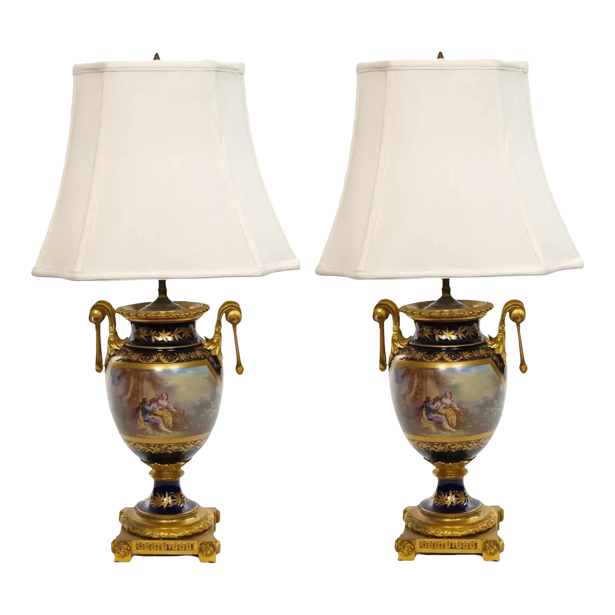Pair Louis XVI Style Sevres Porcelain / Dore Bronze Vase Lamp