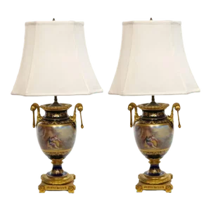 Pair Louis XVI Style Sevres Porcelain / Dore Bronze Vase Lamp