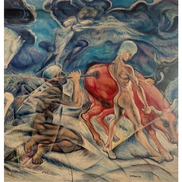 Painting by a futurist painter signed "Smeraldi", contemporary artist. The painting is done in oil on canvas of large...