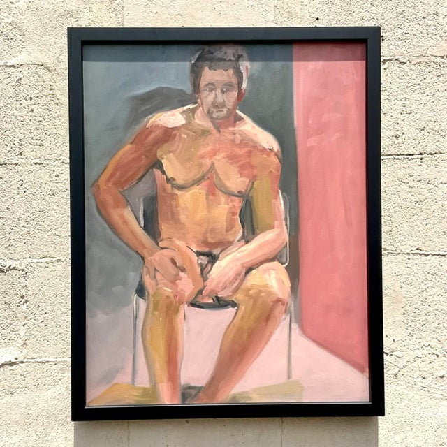 Portraiture Vintage Boho Original Male Nude Painting on Canvas For Sale - Image 3 of 4